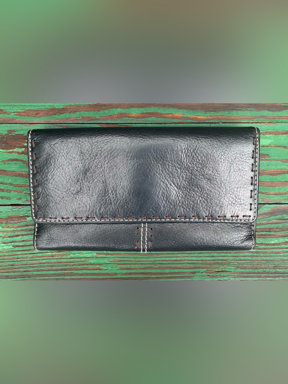 Fossil Clutch Trifold Black Leather Organizer Wallet Vintage Pop Stitch Snap Zip